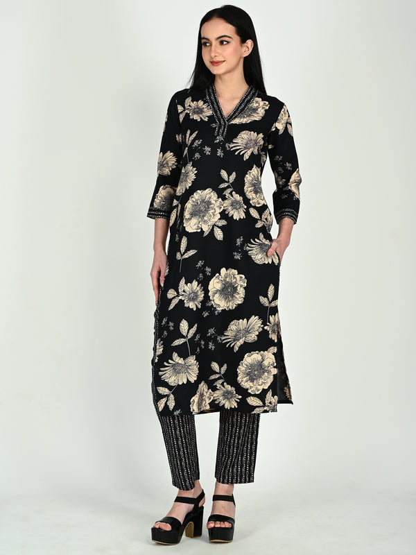 Black Cotton Blend Floral Block Printed Kurta & Pant With Dupatta