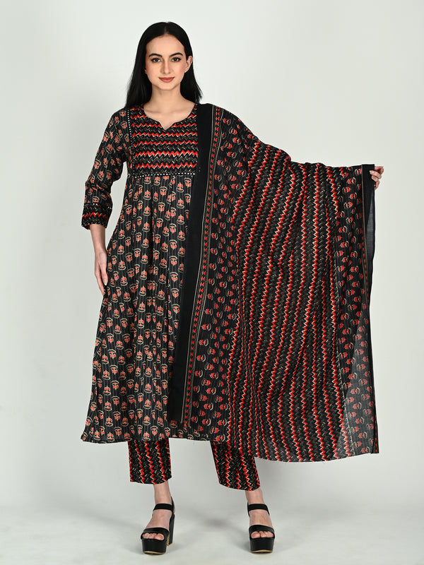 Black & Red Cotton Blend Floral Block Printed Kurta & Pant With Dupatta