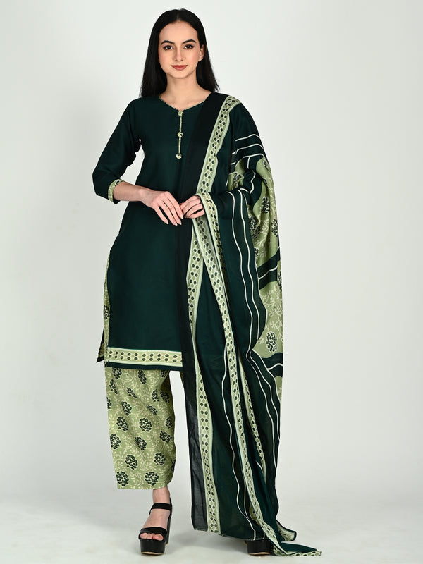 Green Cotton Blend Printed Ready to Wear Patiala Salwar Suit