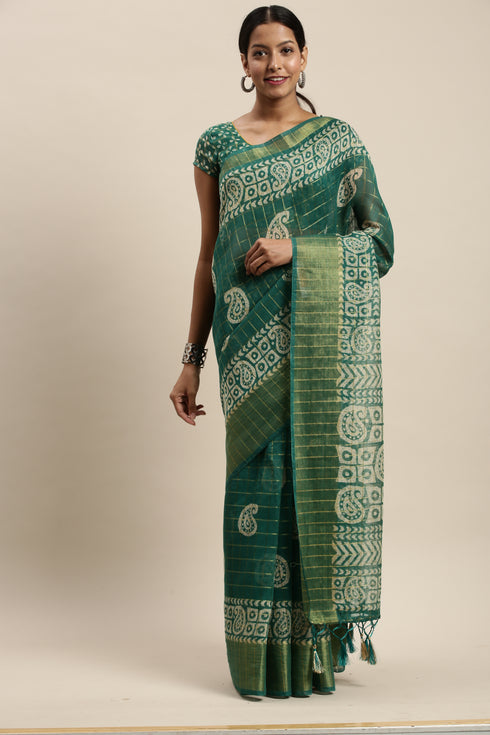 Green Cotton Silk Printed Traditional Saree With Blouse Piece