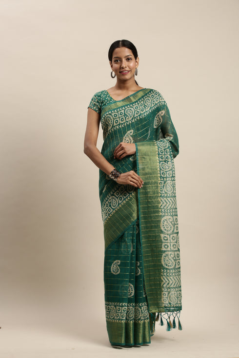 Green Cotton Silk Printed Traditional Saree With Blouse Piece