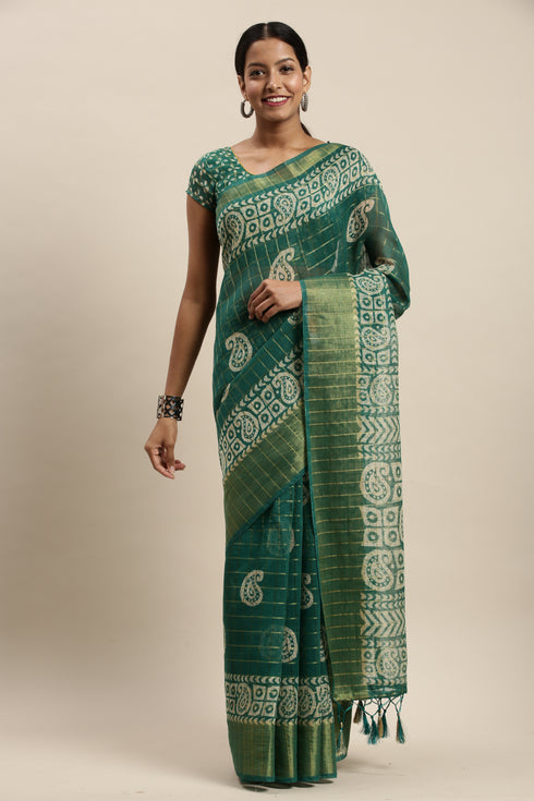 Green Cotton Silk Printed Traditional Saree With Blouse Piece