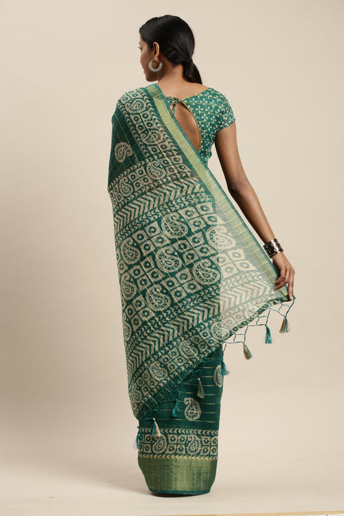 Green Cotton Silk Printed Traditional Saree With Blouse Piece