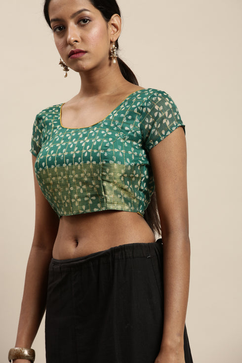 Green Cotton Silk Printed Traditional Saree With Blouse Piece