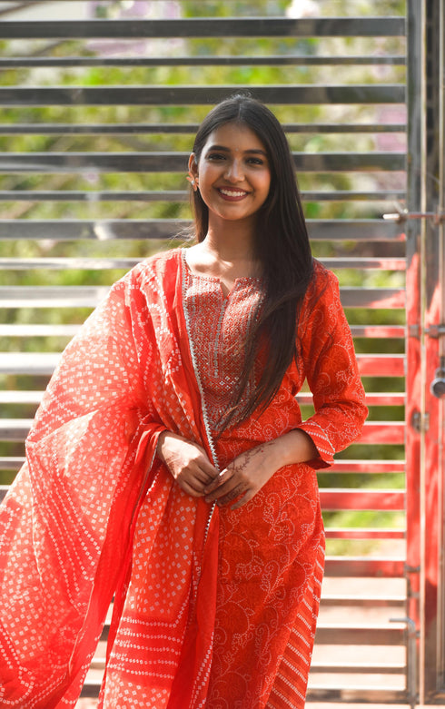 Pure Cambric Cotton Jaipuri Printed & Embroidered Kurta Set With Dupatta