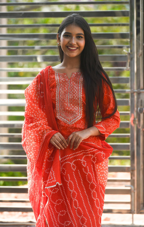 Pure Cambric Cotton Jaipuri Printed & Embroidered Kurta Set With Dupatta