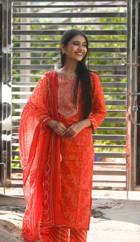 Pure Cambric Cotton Jaipuri Printed & Embroidered Kurta Set With Dupatta