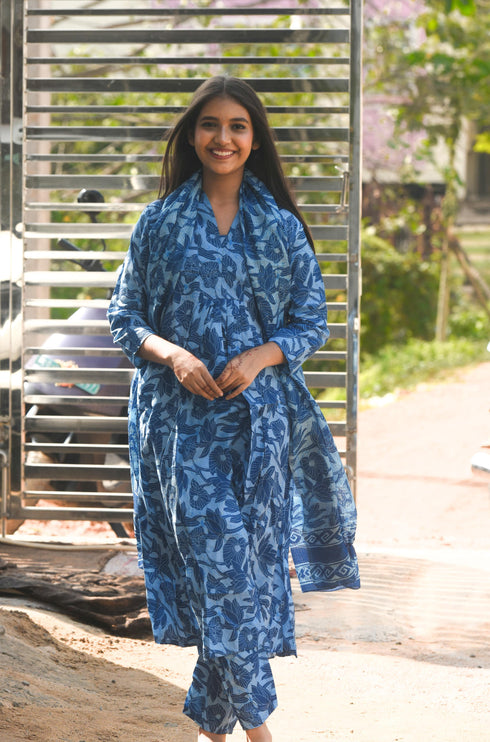 Women Cotton Blend Floral Printed Kurta & Pant With Dupatta