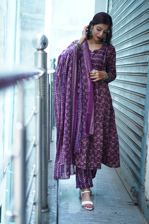 Women's Wine & Beige Cotton Blend Embroidered A-Line Kurta & Pant With Dupatta