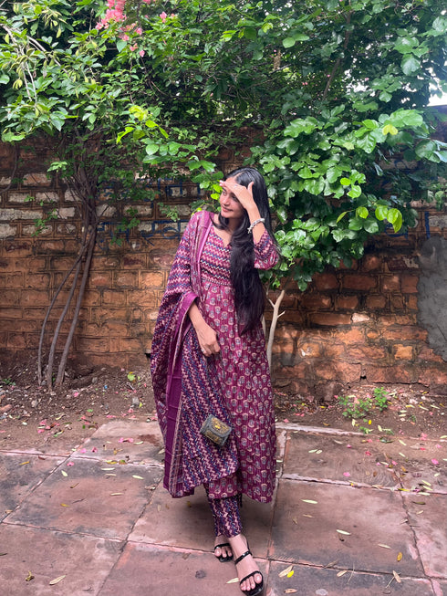 Women's Wine & Beige Cotton Blend Embroidered A-Line Kurta & Pant With Dupatta