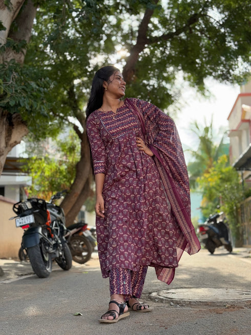 Women's Wine & Beige Cotton Blend Embroidered A-Line Kurta & Pant With Dupatta