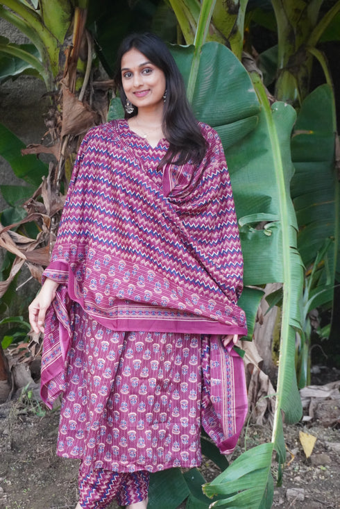 Women's Wine & Beige Cotton Blend Embroidered A-Line Kurta & Pant With Dupatta