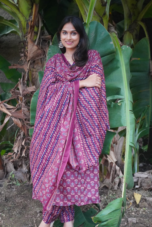 Women's Wine & Beige Cotton Blend Embroidered A-Line Kurta & Pant With Dupatta