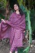Women's Wine & Beige Cotton Blend Embroidered A-Line Kurta & Pant With Dupatta