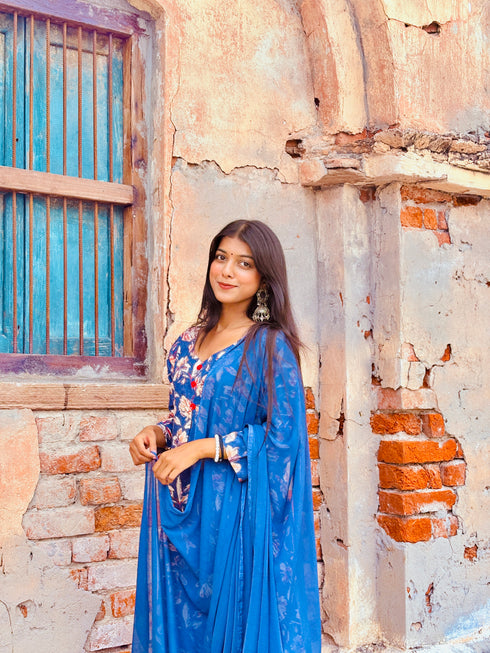 Blue Blossom Floral Printed Kurta & Pant with Dupatta