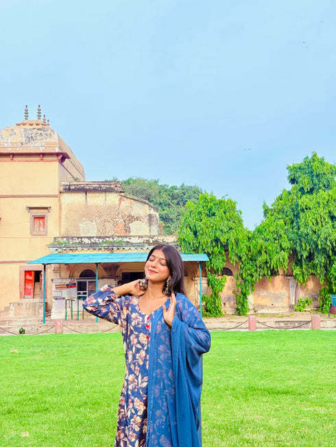 Blue Blossom Floral Printed Kurta & Pant with Dupatta