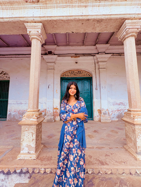 Blue Blossom Floral Printed Kurta & Pant with Dupatta