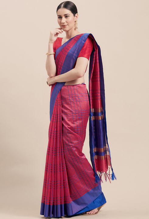 Magenta And Blue Cotton Woven Traditional Saree With Blouse Piece