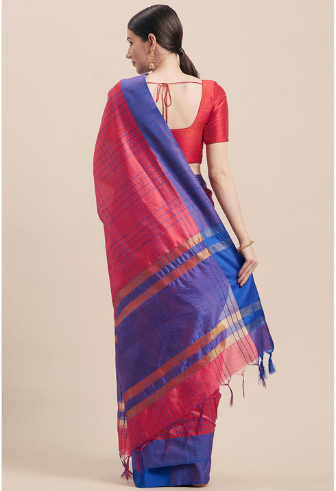 Magenta And Blue Cotton Woven Traditional Saree With Blouse Piece