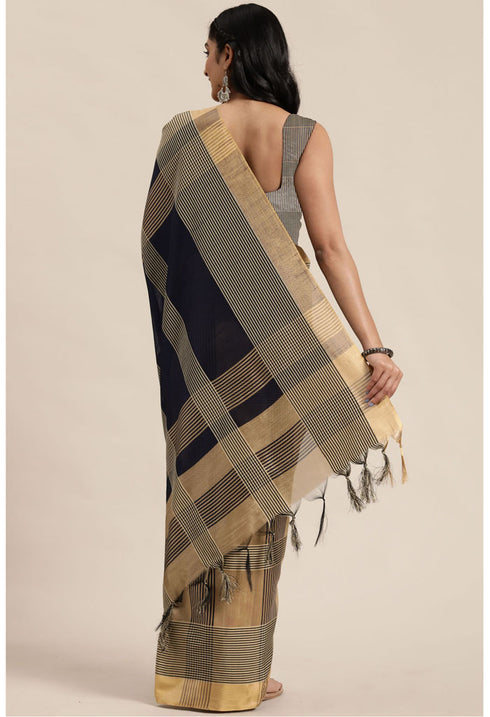 Blue And Beige Cotton Silk Printed Traditional Saree With Blouse Piece