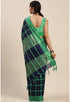 Navy Blue And Green Cotton Checks Printed Traditional Saree With Blouse Piece