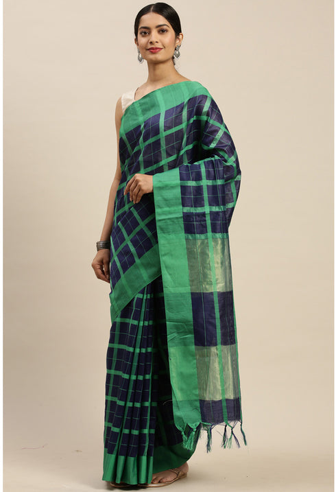 Navy Blue And Green Cotton Checks Printed Traditional Saree With Blouse Piece