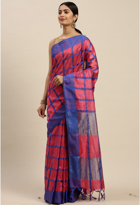 Magenta And Blue Cotton Checks Printed Traditional Saree With Blouse Piece