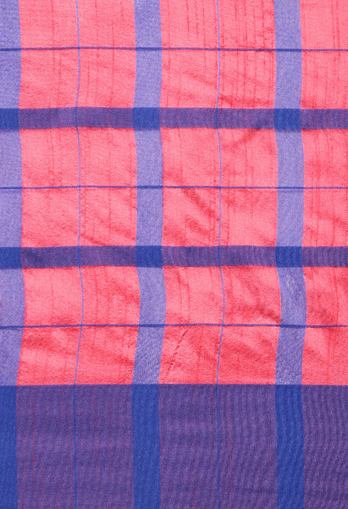 Magenta And Blue Cotton Checks Printed Traditional Saree With Blouse Piece