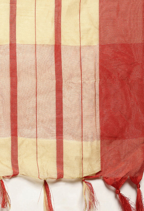 Beige And Red Cotton Checks Printed Traditional Saree With Blouse Piece