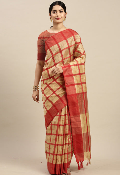 Beige And Red Cotton Checks Printed Traditional Saree With Blouse Piece