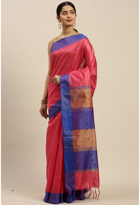 Pink Cotton Striped Printed Traditional Saree With Blouse Piece