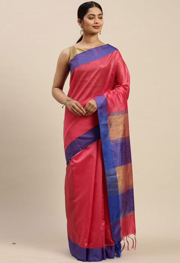 Pink Cotton Striped Printed Traditional Saree With Blouse Piece