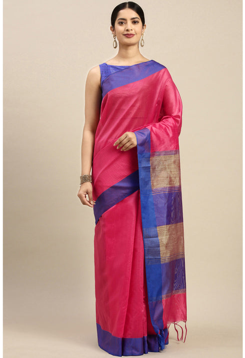 Pink Cotton Striped Printed Traditional Saree With Blouse Piece