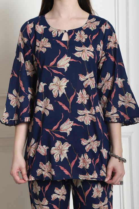 Turquoise Blue Pure Cotton Printed Co-ords