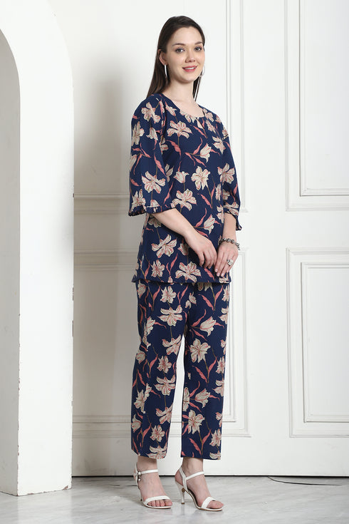 Turquoise Blue Pure Cotton Printed Co-ords