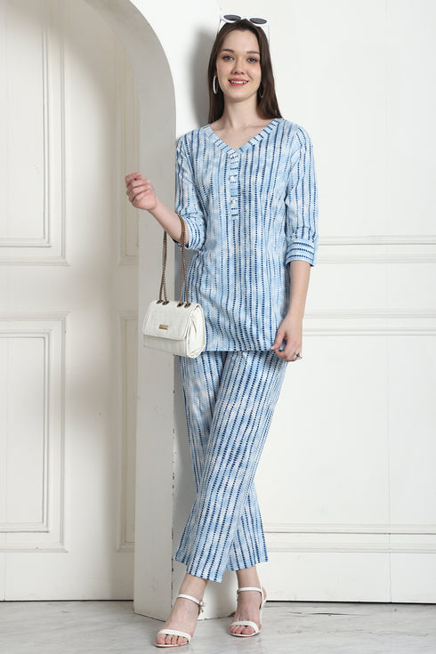 Sky blue & White Pure Cotton Tie-Die Printed Co-ords