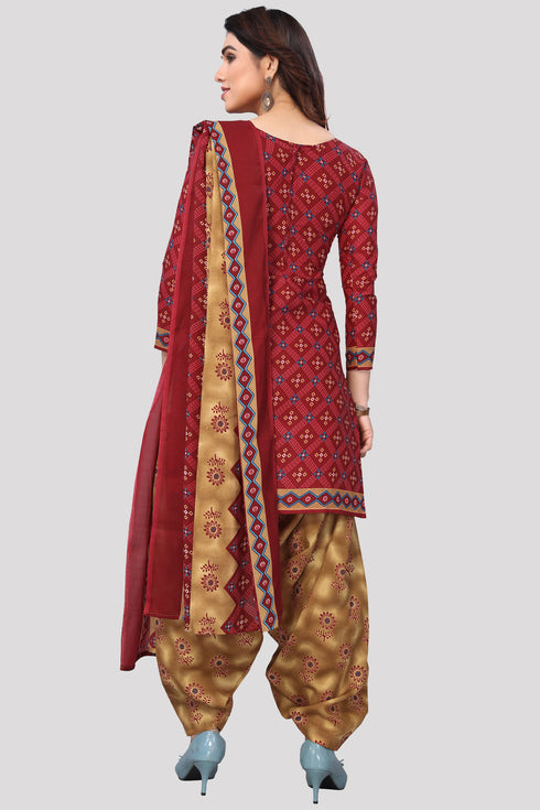 Maroon Cotton Blend Printed Unstitched Salwar Suit Material