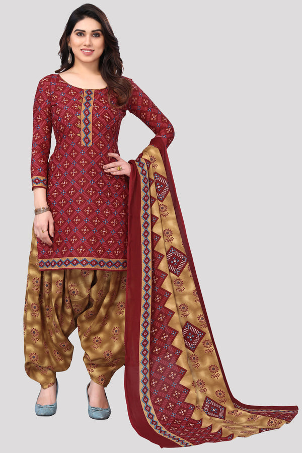 Maroon Cotton Blend Printed Unstitched Salwar Suit Material