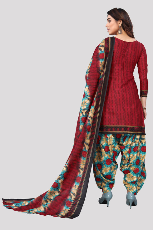 Maroon Cotton Blend Printed Unstitched Salwar Suit Material