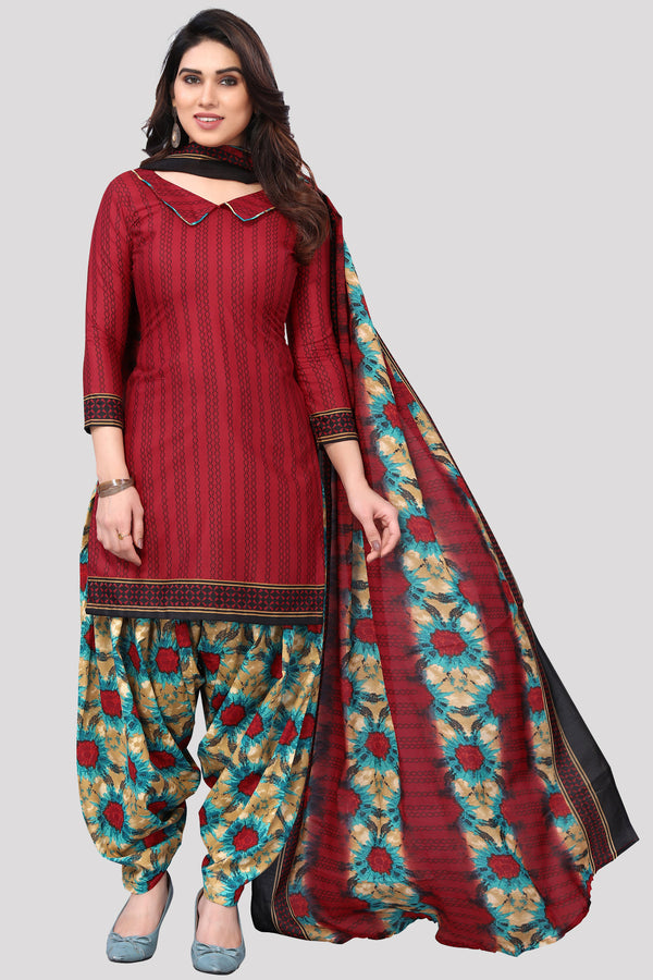 Maroon Cotton Blend Printed Unstitched Salwar Suit Material