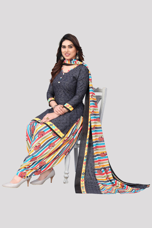 Grey Cotton Blend Printed Unstitched Salwar Suit Material