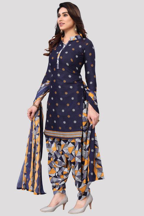 Navy Blue Cotton Blend Printed Unstitched Salwar Suit Material