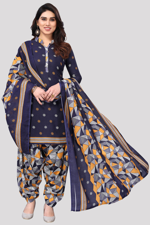 Navy Blue Cotton Blend Printed Unstitched Salwar Suit Material