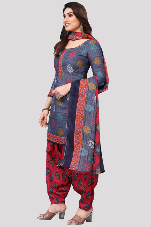 Navy Blue Cotton Blend Printed Unstitched Salwar Suit Material