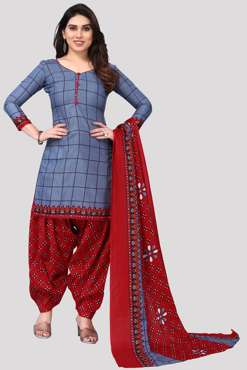 Blue Cotton Blend Printed Unstitched Salwar Suit Material