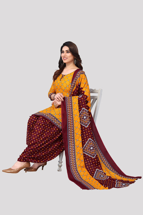 Yellow Cotton Blend Printed Unstitched Salwar Suit Material