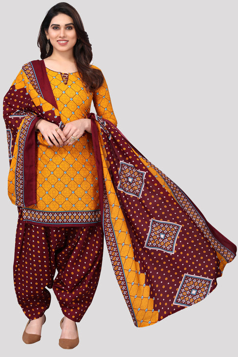 Yellow Cotton Blend Printed Unstitched Salwar Suit Material
