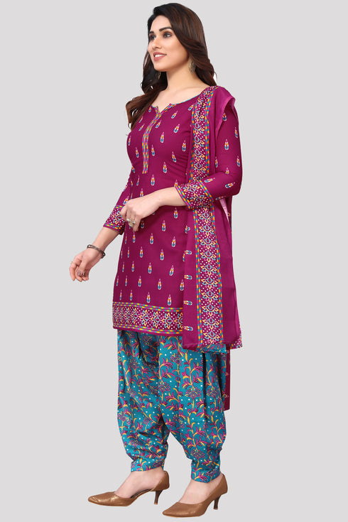 Wine Cotton Blend Printed Unstitched Salwar Suit Material