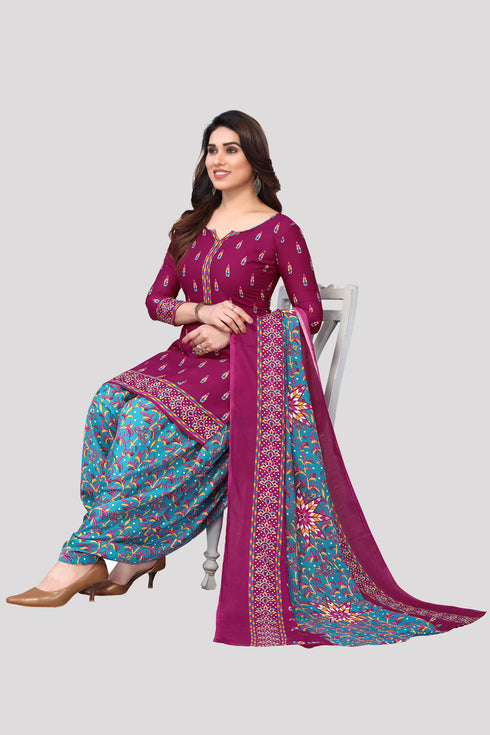 Wine Cotton Blend Printed Unstitched Salwar Suit Material
