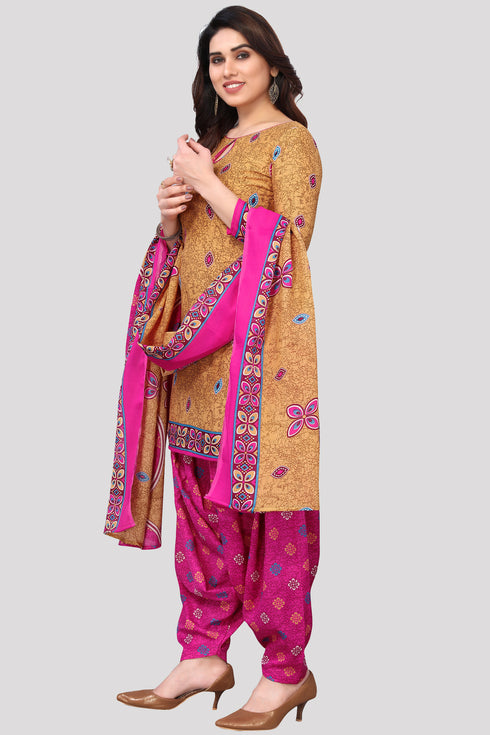 Beige Cotton Blend Printed Unstitched Salwar Suit Material